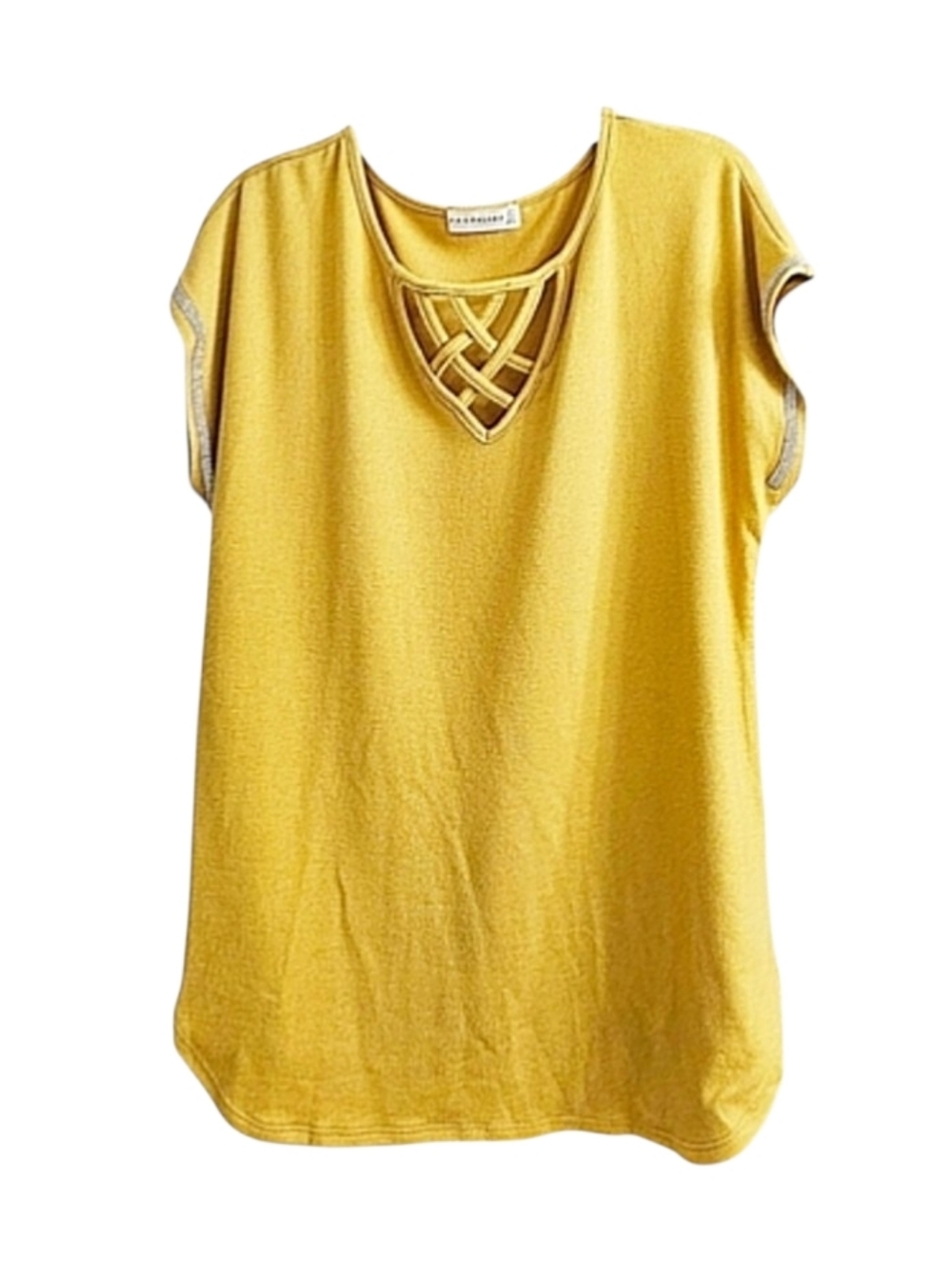 Retrology Yellow Short Sleeve Knit Top with Embellished Sleeves, Size Med